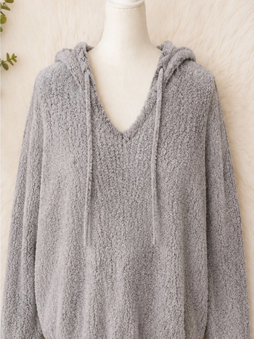 LOFT Outlet Cozy Sherpa Hooded Pullover Sweater | Gray Plush Hoodie XL - Picture 1 of 3